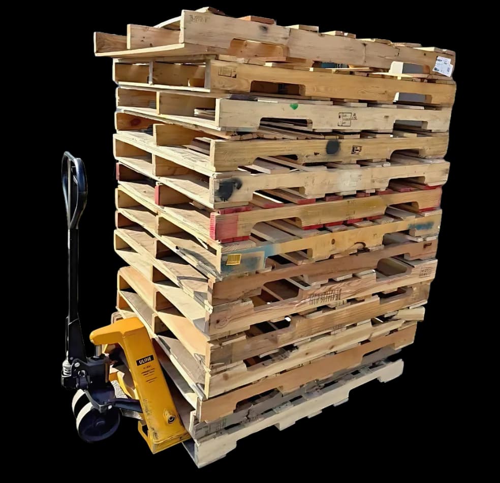 Pallet jack moving a tall stack of recycled wood pallets