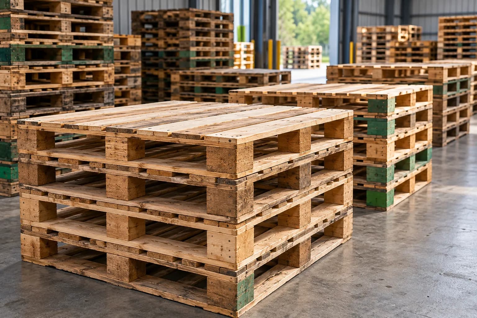 Used wood pallets with replacement boards stacked in a recovery bay