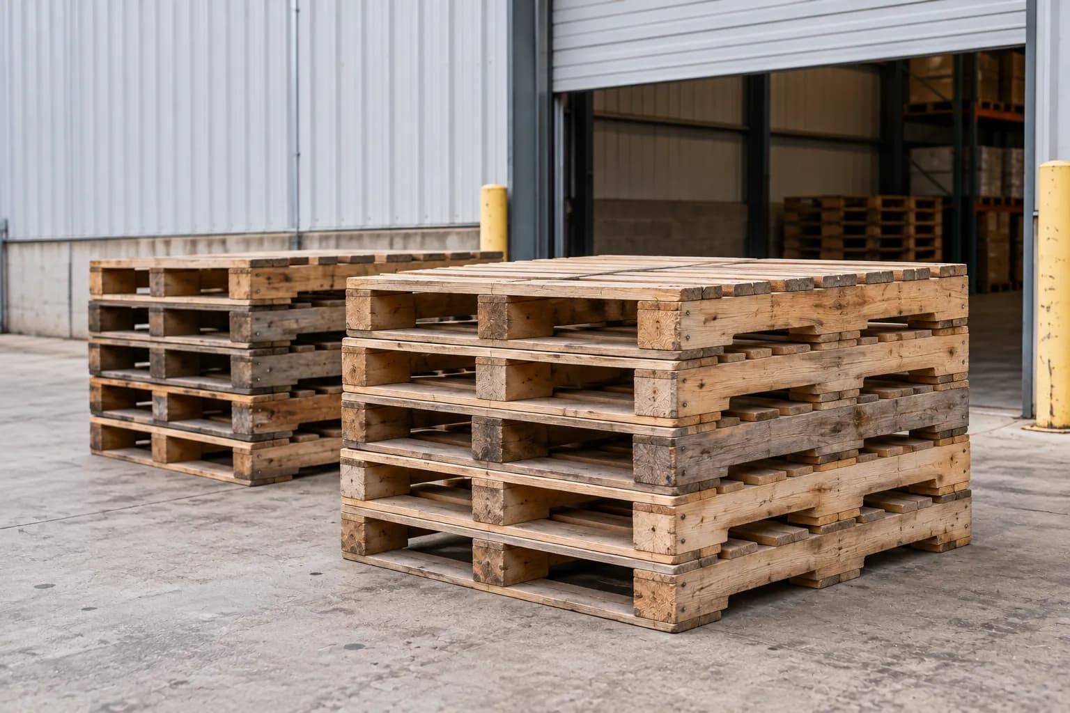 Used wood pallets stacked beside an open warehouse door