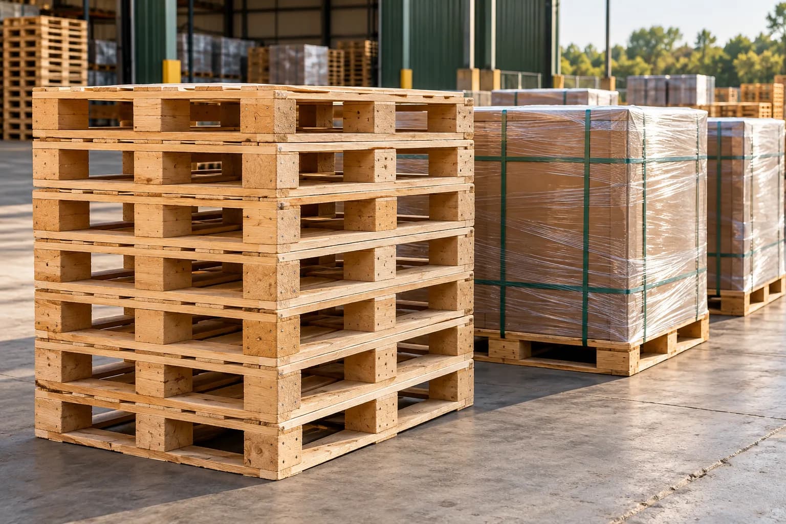 Wood pallet stacks beside wrapped and strapped cargo