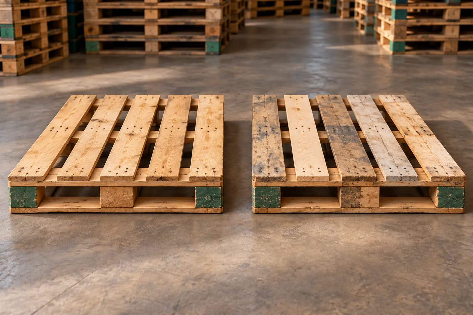Two wood pallets showing different board wear and replacement wood