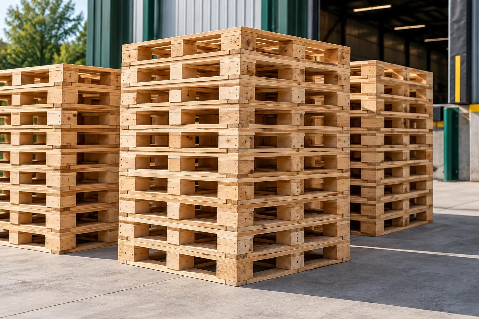 Clean wood pallets stacked beside a loading bay
